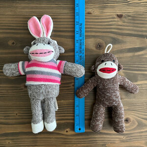 Sock Monkey Plush Set – 13” & 8” Gray and Brown Stuffed Animals with Bunny Ears